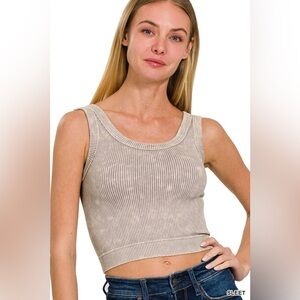 Zenana Outfitters Ribbed Seamless Tank Top - Brami - Stone Washed - Mocha